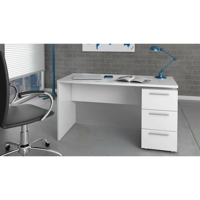 Scrivania Alimet, Scrittoio da ufficio moderno, Tavolo da studio con cassettiera a 2 cassetti e 1 anta, 138x60h74 cm, Bianco