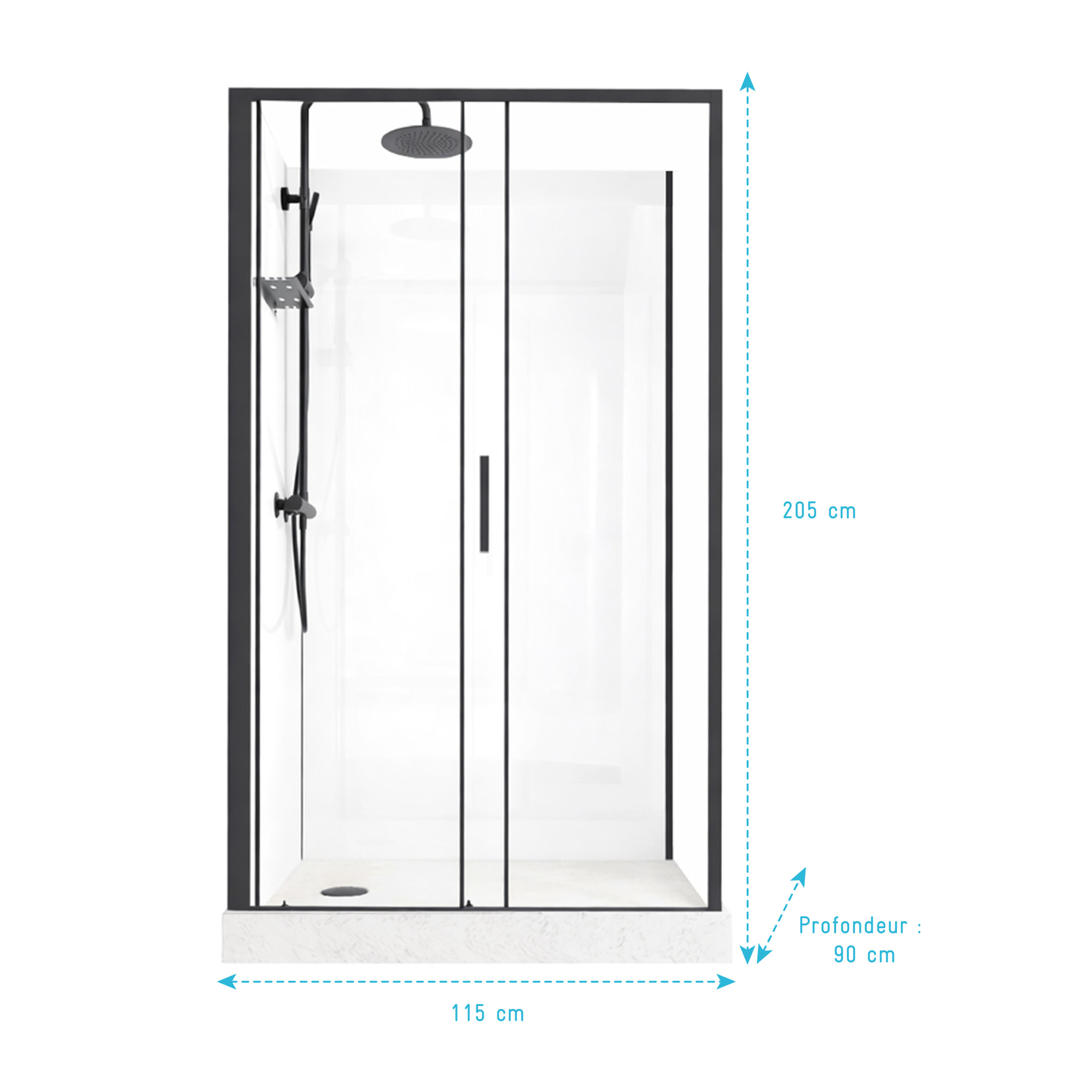Cabine de Douche Rectangle 115x90 - Colonne Thermostatique Noire et Receveur Haut Effet Pierre