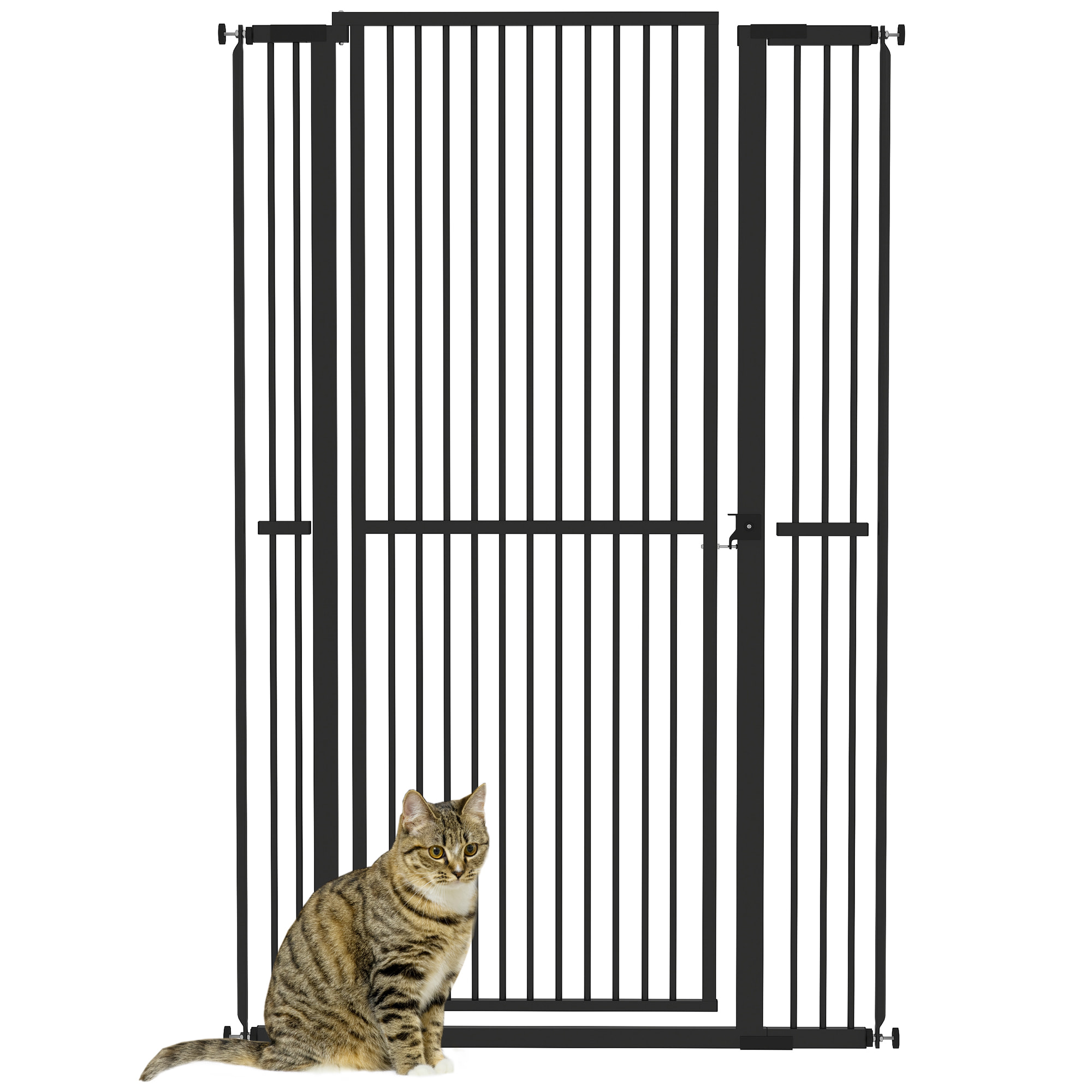 Barrera de Seguridad para Perros y Gatos Extra Alta 150 cm, Barrera para Perros Extensible 77-104 cm para Puertas y Escaleras, con Montaje a Presión, 2 Extensiones y Puerta de Paso, Negro