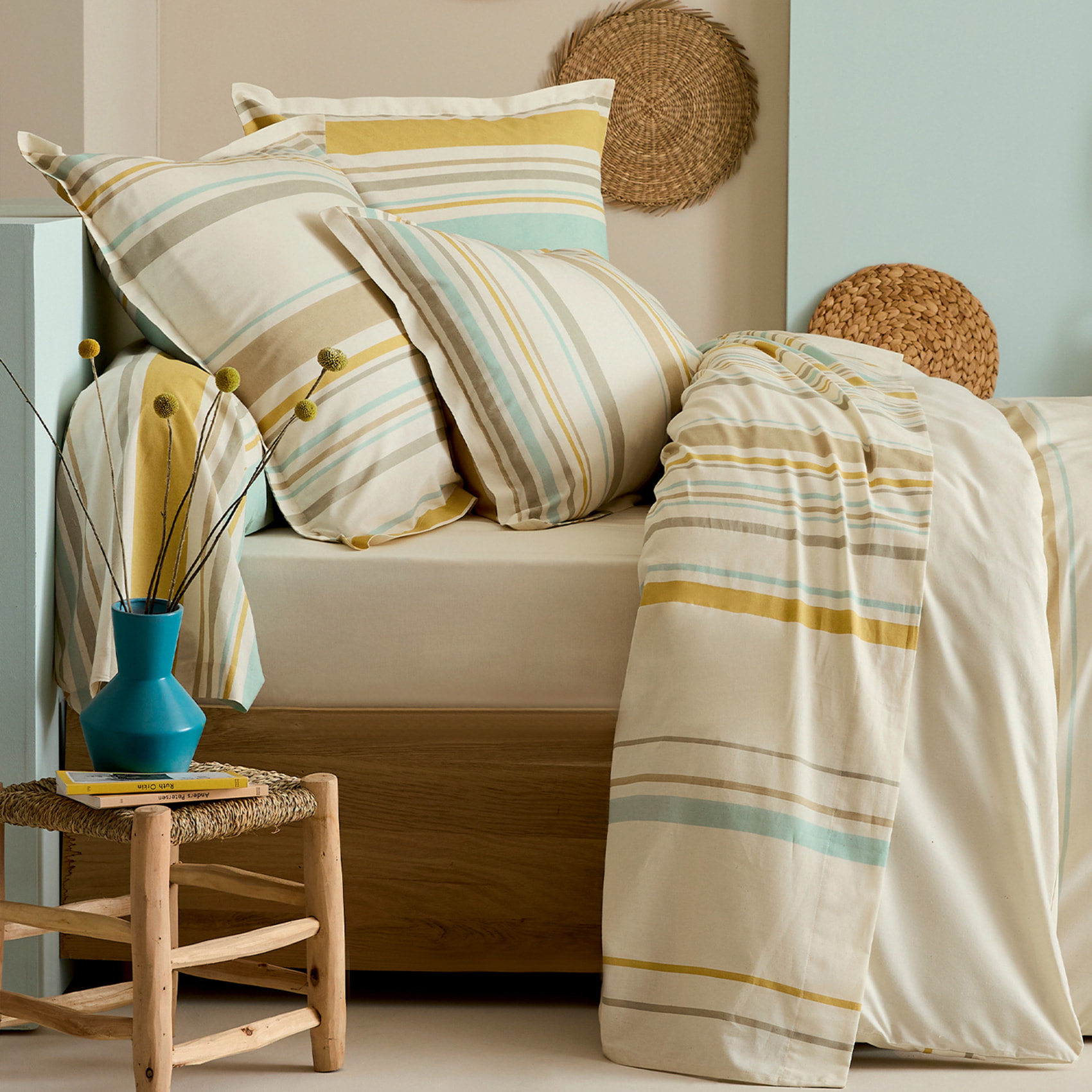 Parure de lit 3 pièces coton rayures bayadère housse + taies - Ecru