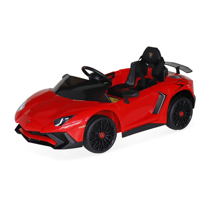 Voiture électrique 12V pour enfant Lamborghini. rouge. 1 place. avec autoradio. télécommande. MP3. port USB et phares fonctionnels