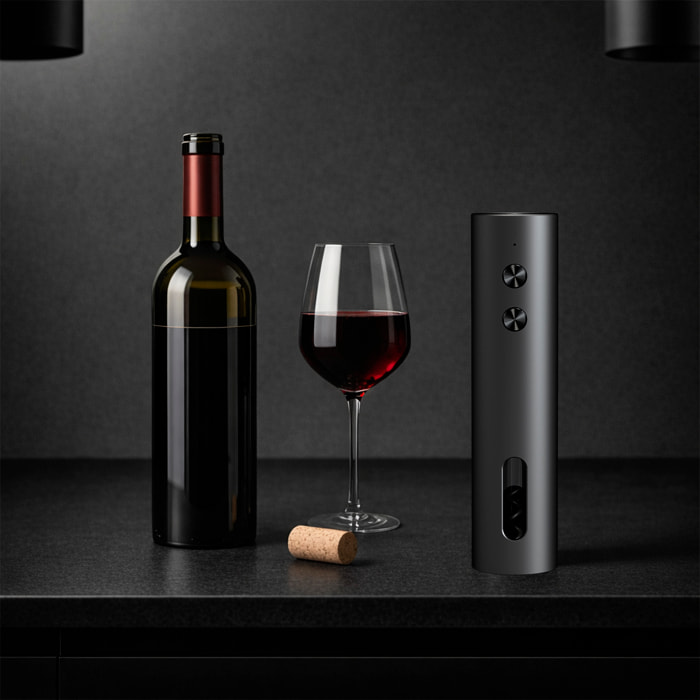 Apribottiglie elettrico EC-A con design elegante in nero opaco, ricarica rapida e finestra trasparente.