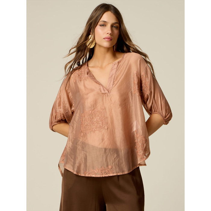 Oltre - Blusa ricamata con maniche a palloncino - Rosa