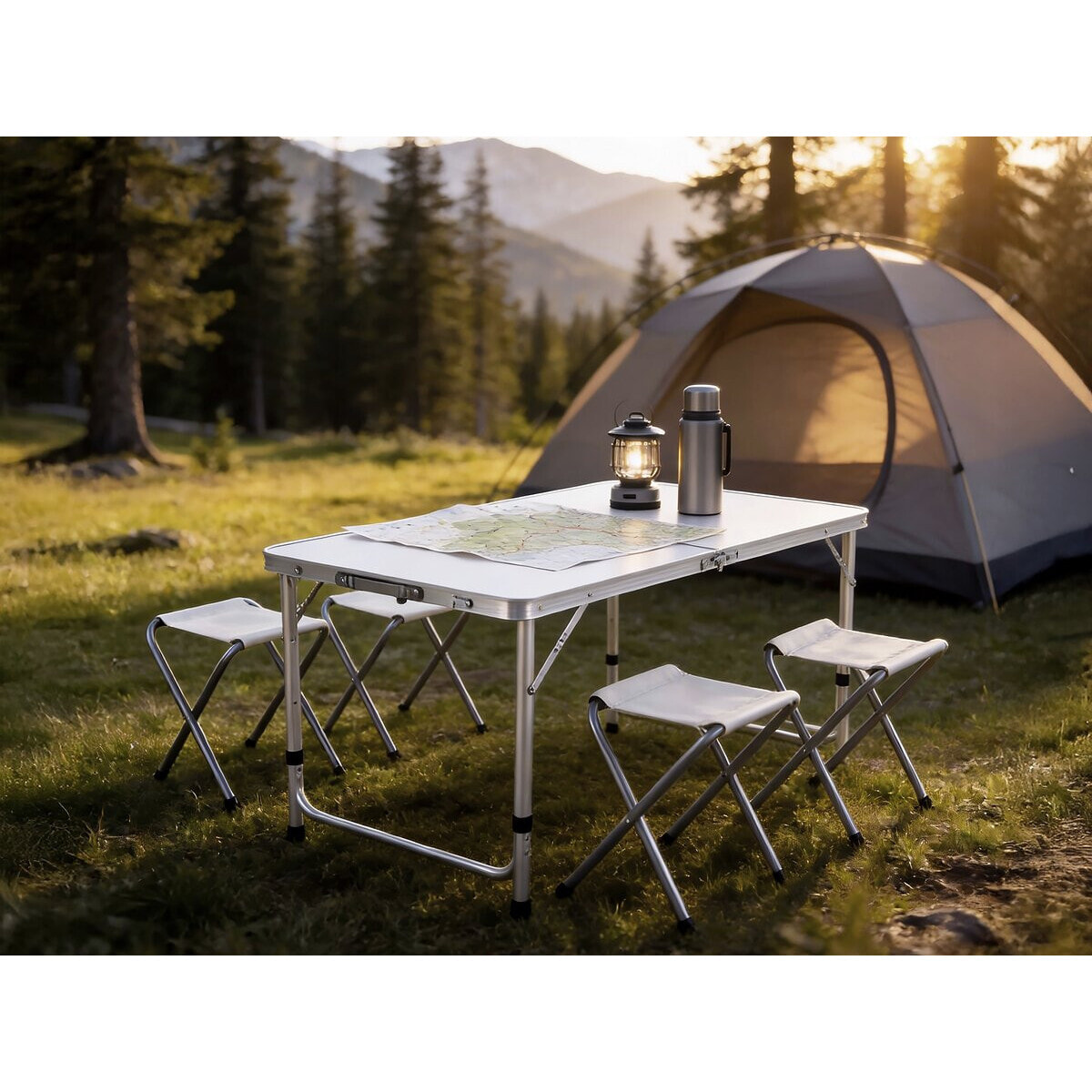Ensembe table de camping et 4 tabourets pliants - 125 x 60 cm - Blanc