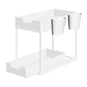 Organizador deslizable de 2 niveles, ideal para maximizar el espacio, con 4 ganchos y 2 cestas.