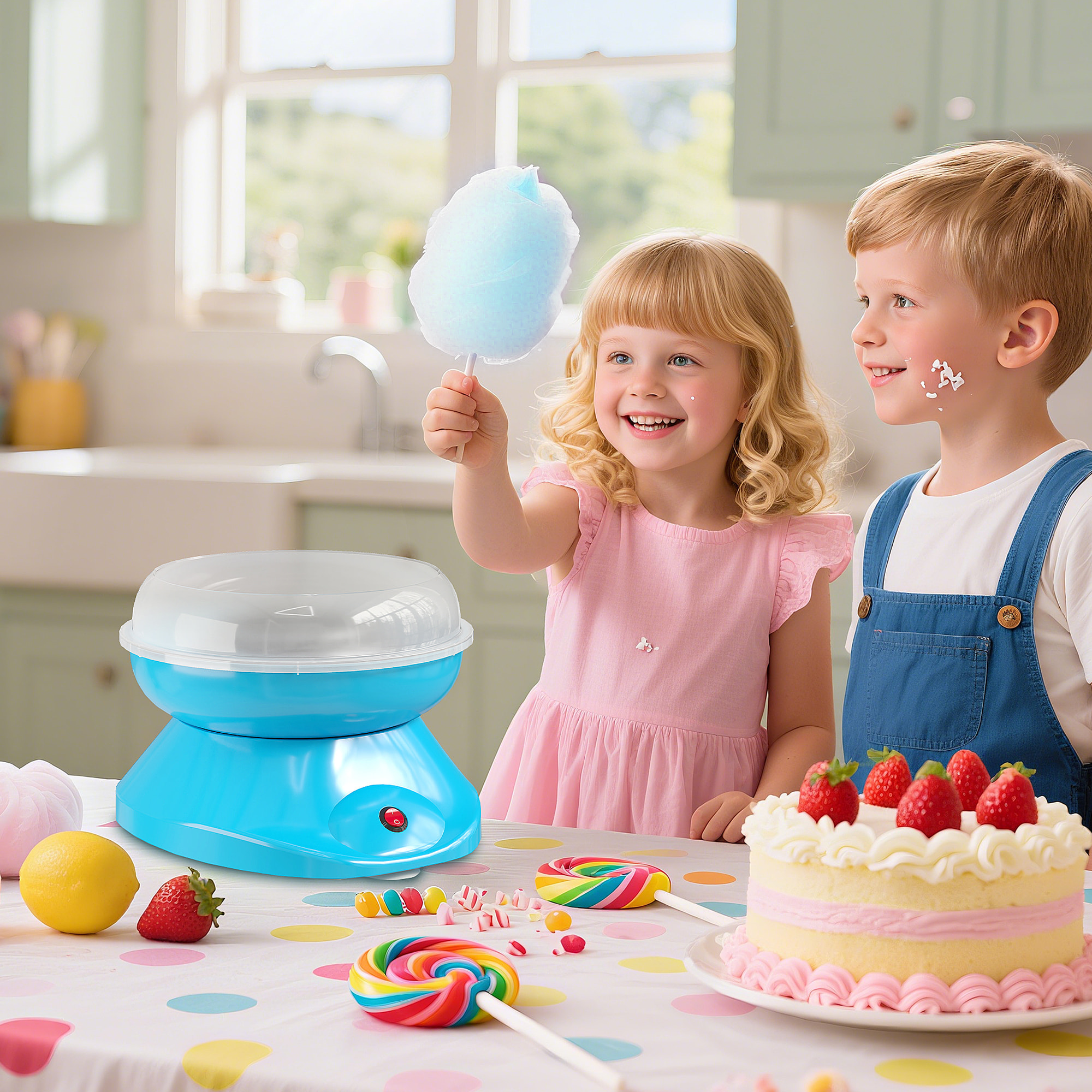 Máquina de Algodón de Azúcar, 450W-550W, Máquina para Hacer Algodón de Azúcar con 10 Palitos, para Fiestas de Cumpleaños Infantiles, en Casa, 27x26x18 cm, Azul