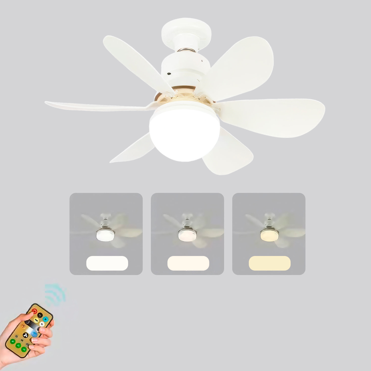 Ventilador de techo FS-HX-R420 de 42 cm. Adaptador E27, 3 velocidades y luz LED regulable de 12 W. Incluye mando a distancia.
