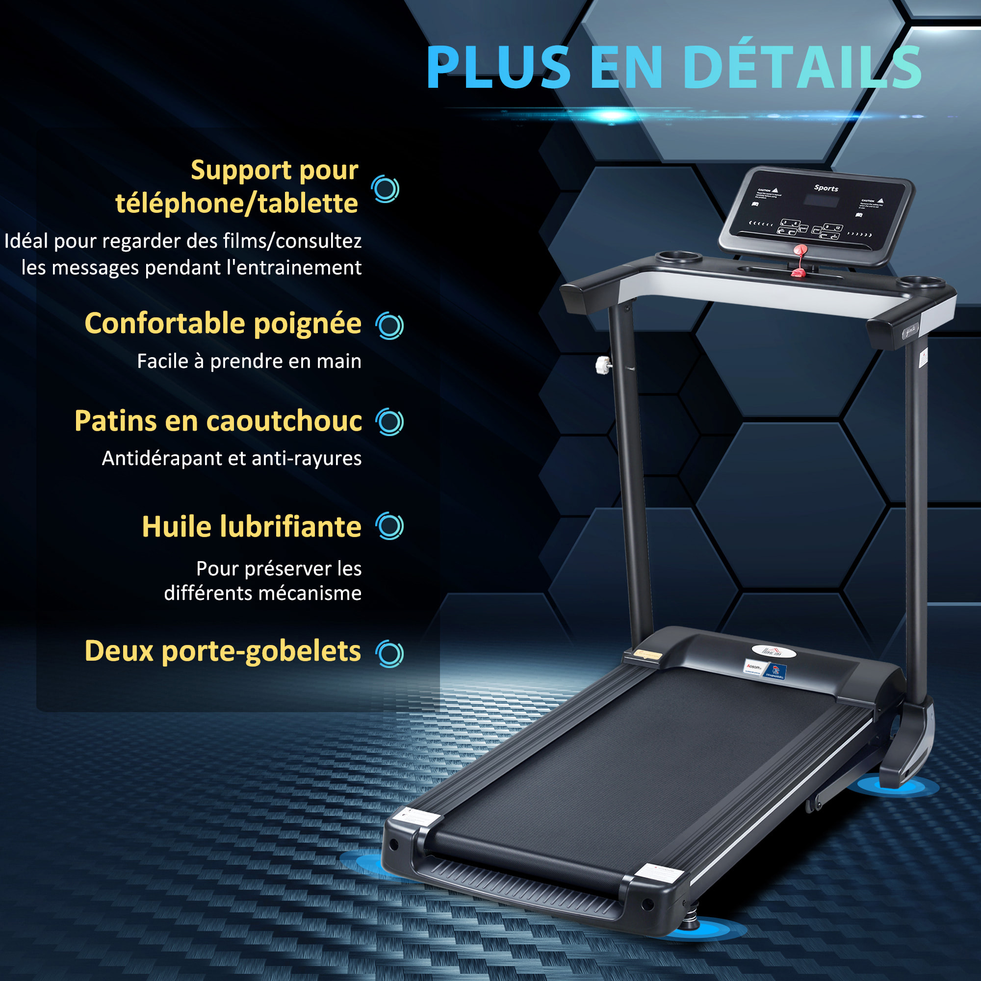 Tapis de course pliable - collaboration Aosom.fr x FFHandball - 1-12 Km/h 500 W écran LCD 12 programmes noir