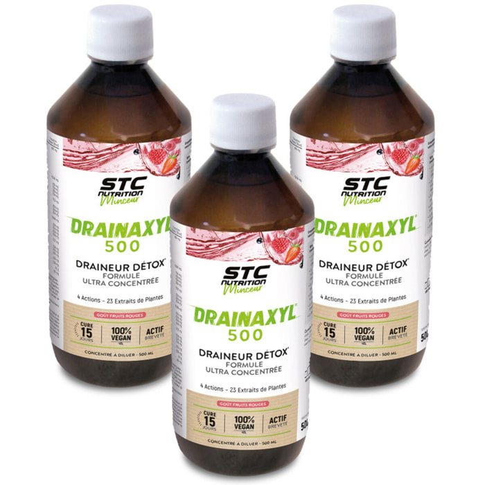 STC NUTRITION - Drainaxyl 500 - 4 actions : Brûle-graisses, Digestion ventre plat, Circulation jambes légères, Drainant, Détoxifiant - 23 Extraits de plantes dont Elim'Real® - Goût fruits rouges - 500ml - Lot de 3