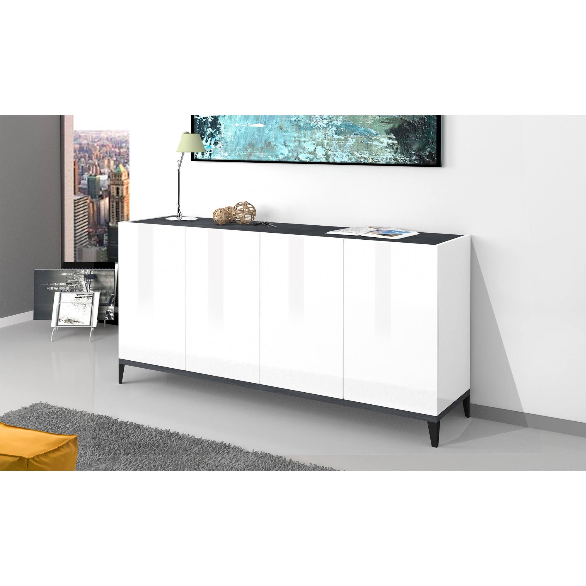 Credenza moderna a 4 ante, Made in Italy, Madia da cucina rialzata, Buffet di design da soggiorno, Cm 160x40h82, Bianco lucido e Ardesia