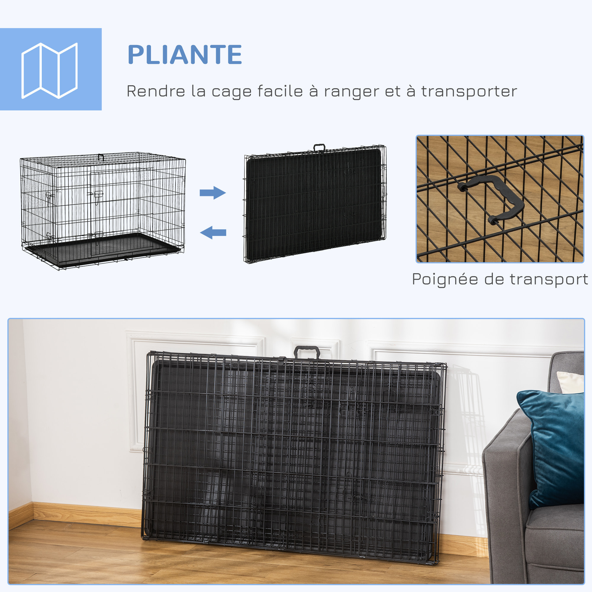 Cage de transport pour chien pliable - 2 portes verrouillables - plateau amovible - dim. 121L x 77l x 82H cm - acier ABS noir