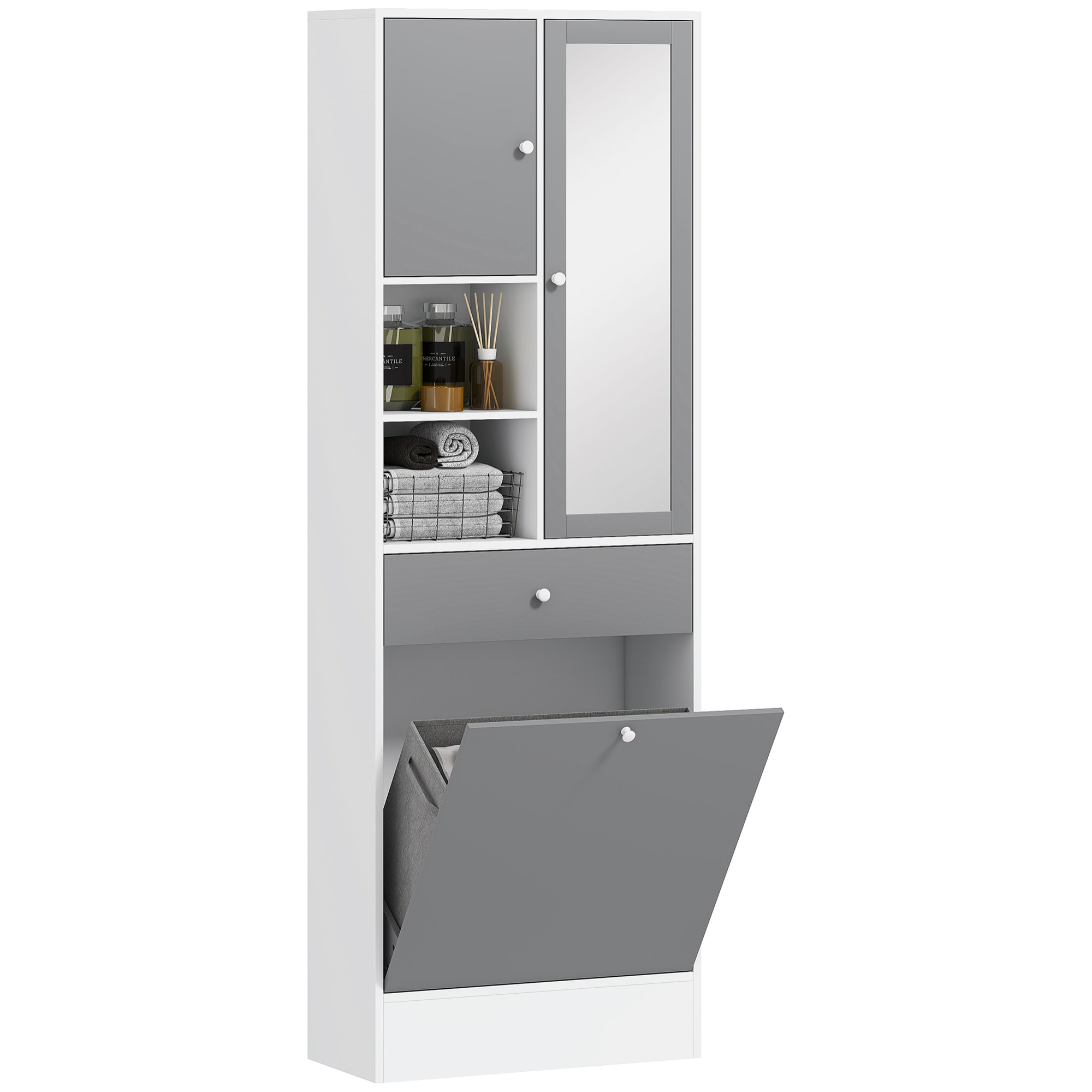 Armario de Baño con Cesto Ropa Sucia Armario Alto de Baño Estrecha con Espejo Cajón Compartimentos Abiertos y Estantes Ajustables 62x28,3x181 cm Blanco y Gris