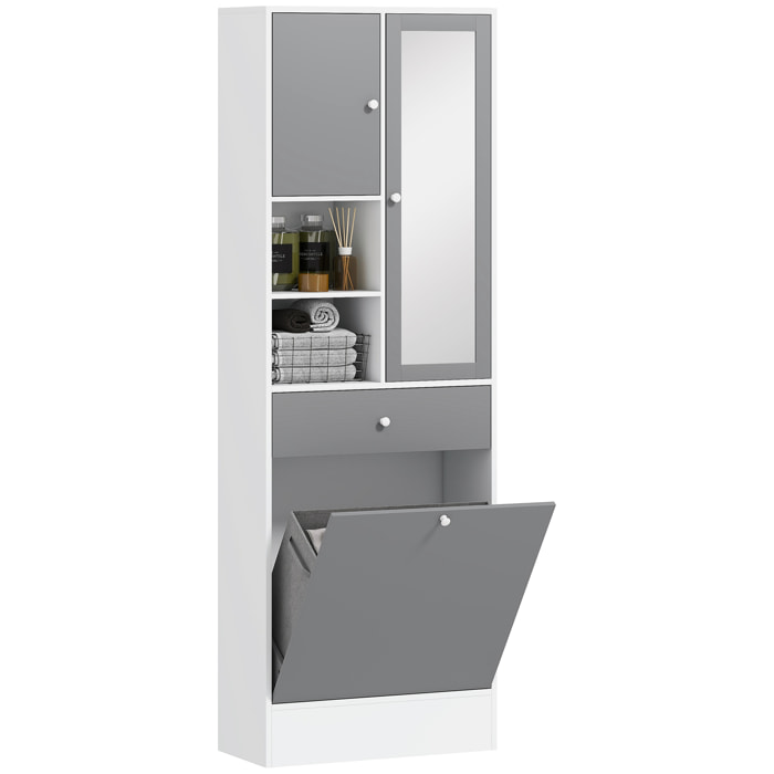 Armario de Baño con Cesto Ropa Sucia Armario Alto de Baño Estrecha con Espejo Cajón Compartimentos Abiertos y Estantes Ajustables 62x28,3x181 cm Blanco y Gris
