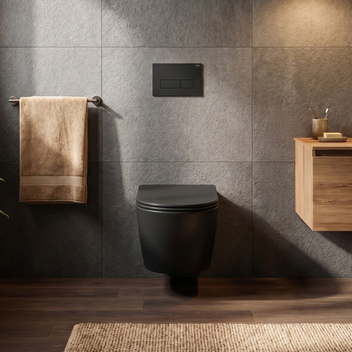 WC suspendu Infinitio noir mat sans bride et fixations invisibles + abattant frein de chute (BlackInfinitio)