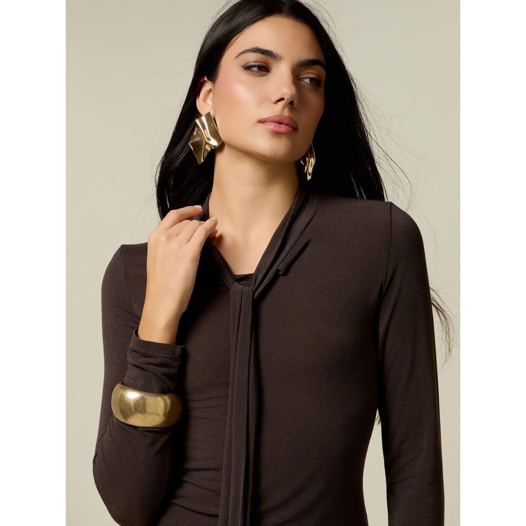Oltre - T-shirt misto cashmere con fiocco - Marrone