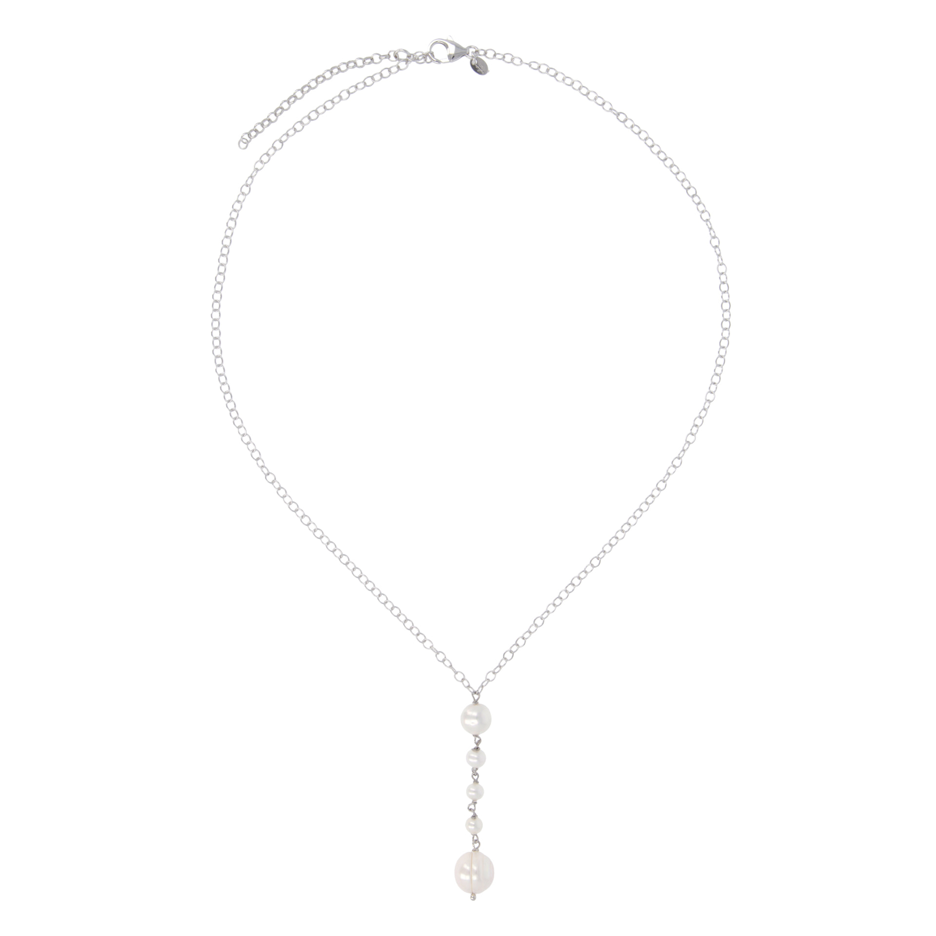 PERLAVIVA - Collana Catena Forzatina a 'Y' in Argento 925 placcato Rodio con Perle d'Acqua Dolce Bianche Ø 5/6 mm