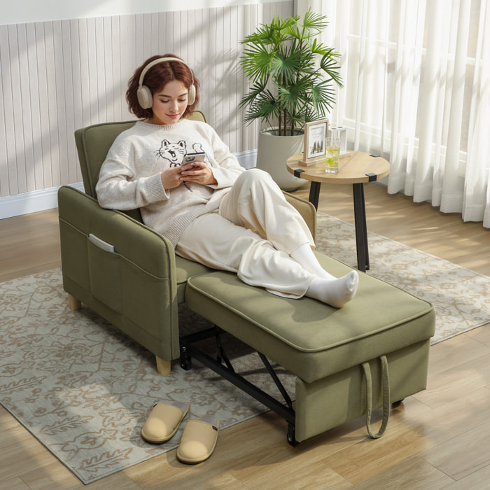 Sofá Cama de 1 Plaza 3 en 1, Sofá Cama Plegable Tapizado en Terciopelo Ecológico con Respaldo Ajustable 3 Niveles, 6 Bolsillos Laterales y Almohada, para Dormitorio, Salón, 74x85,5x82 cm Verde