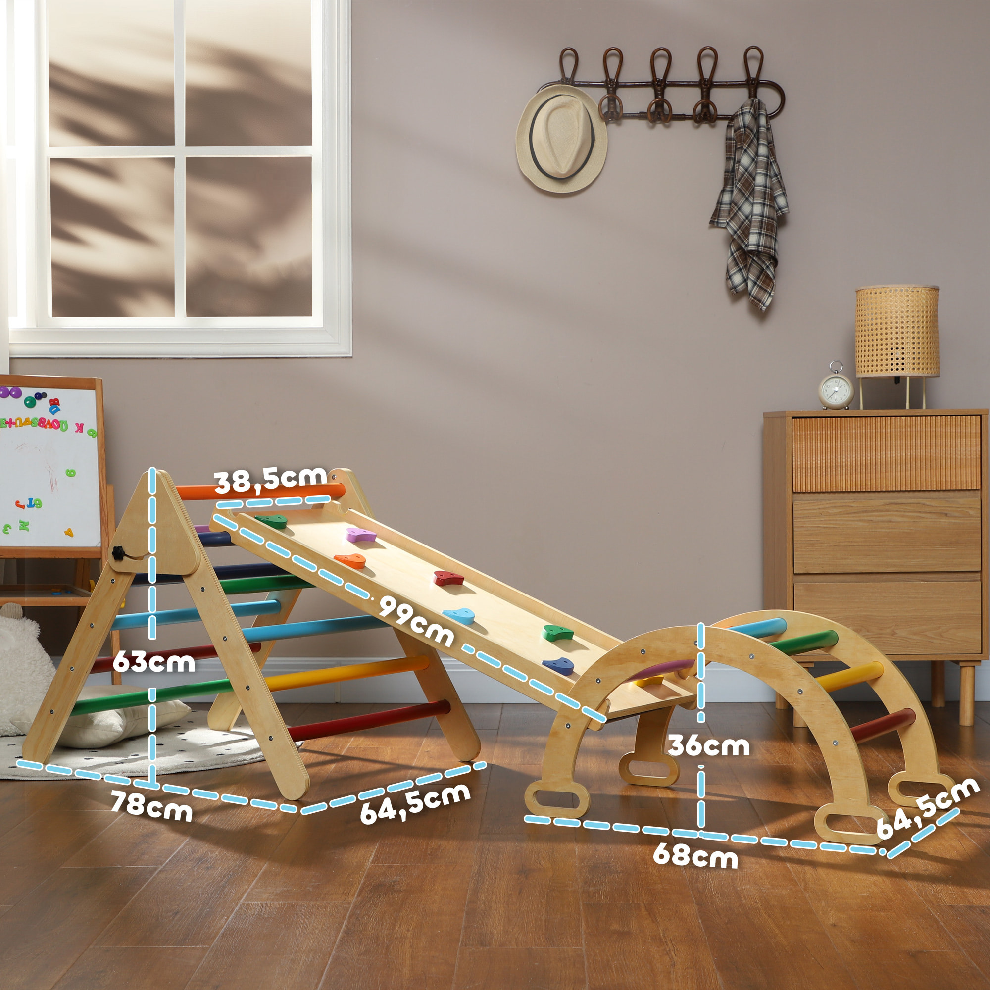 5 en 1 Triángulo de Escalada Montessori con Arco y Rampa, Escalada para Niños de Madera Plegable, para 18-48 Meses, para Deslizarse o Escalar, 178x64,5 cm, Multicolor