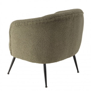 ALBANE - Fauteuil cosy tissu bouclette vert kaki pieds métal noir