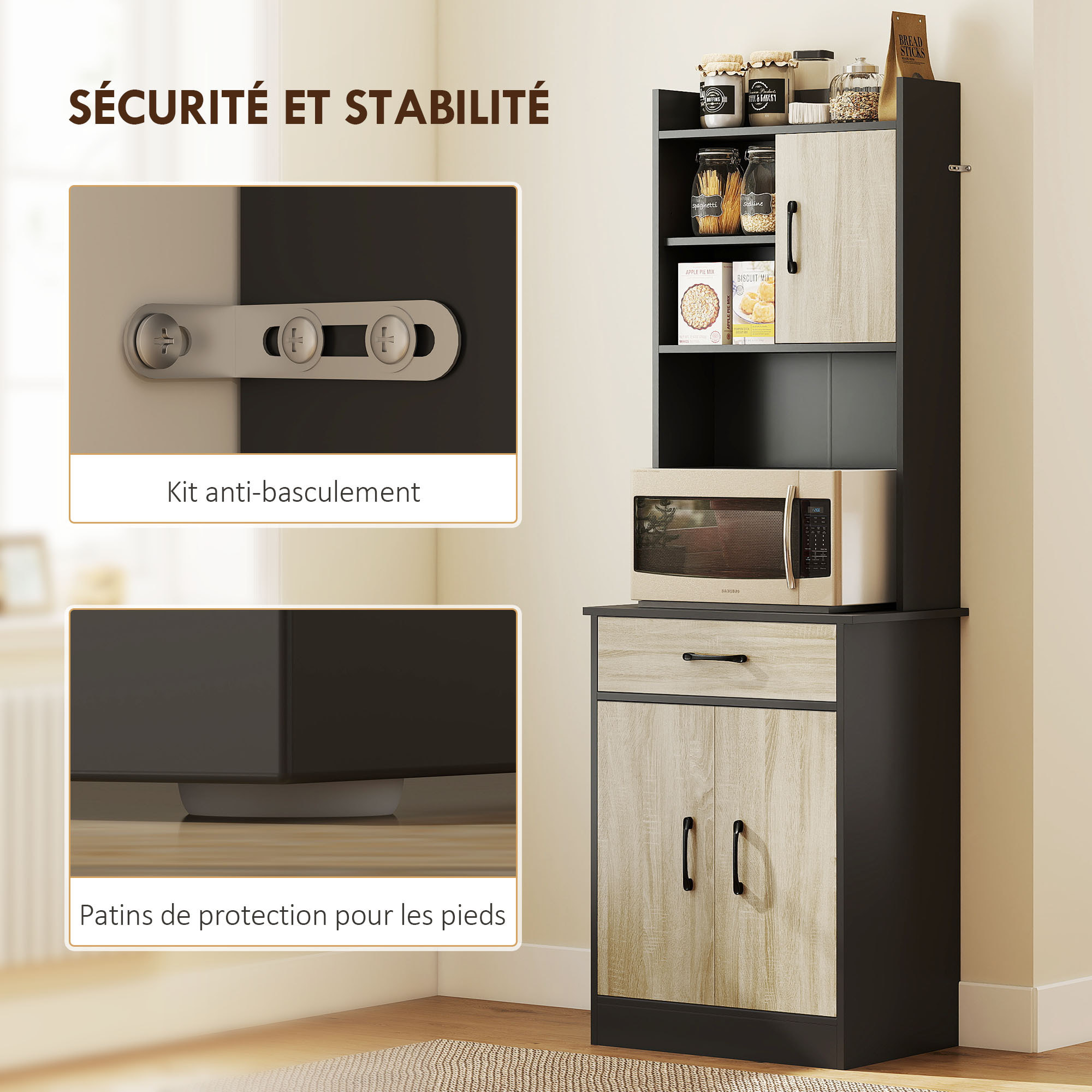Buffet haut cuisine - 3 portes, 3 étagères, 2 niches plan de travail - dim. 60 x 40 x 180 cm - noir effet bois clair