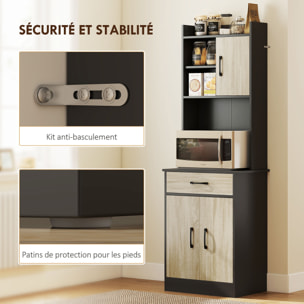 Buffet haut cuisine - 3 portes, 3 étagères, 2 niches plan de travail - dim. 60 x 40 x 180 cm - noir effet bois clair