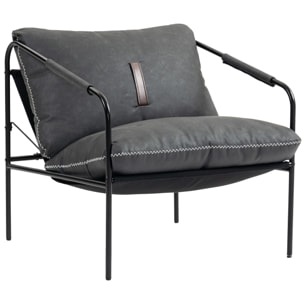 Butaca de Salón Moderna, Sillón de Lectura Tapizado en Cuero Sintético, Fundas de Cojines Extraíbles, Acolchado Grueso, Patas de Metal, para Dormitorio, Oficina, Gris Carbón