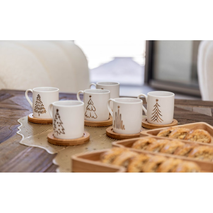 Tasses à café sapin avec soucoupes en bois - lot de 6