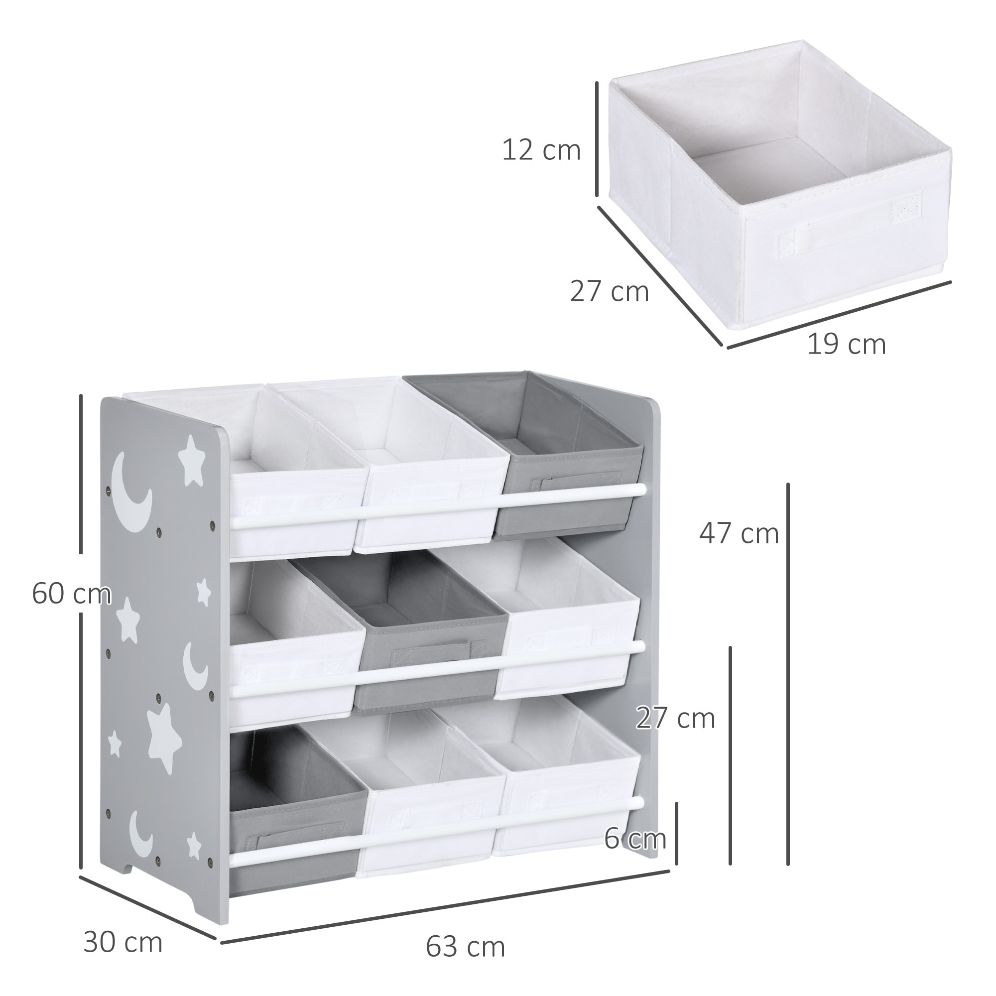 Estantería Infantil con 9 Cajas de Tela no Tejida Extraíbles Organizador de Juguetes para Dormitorio Guardería 63x30x60 cm Gris