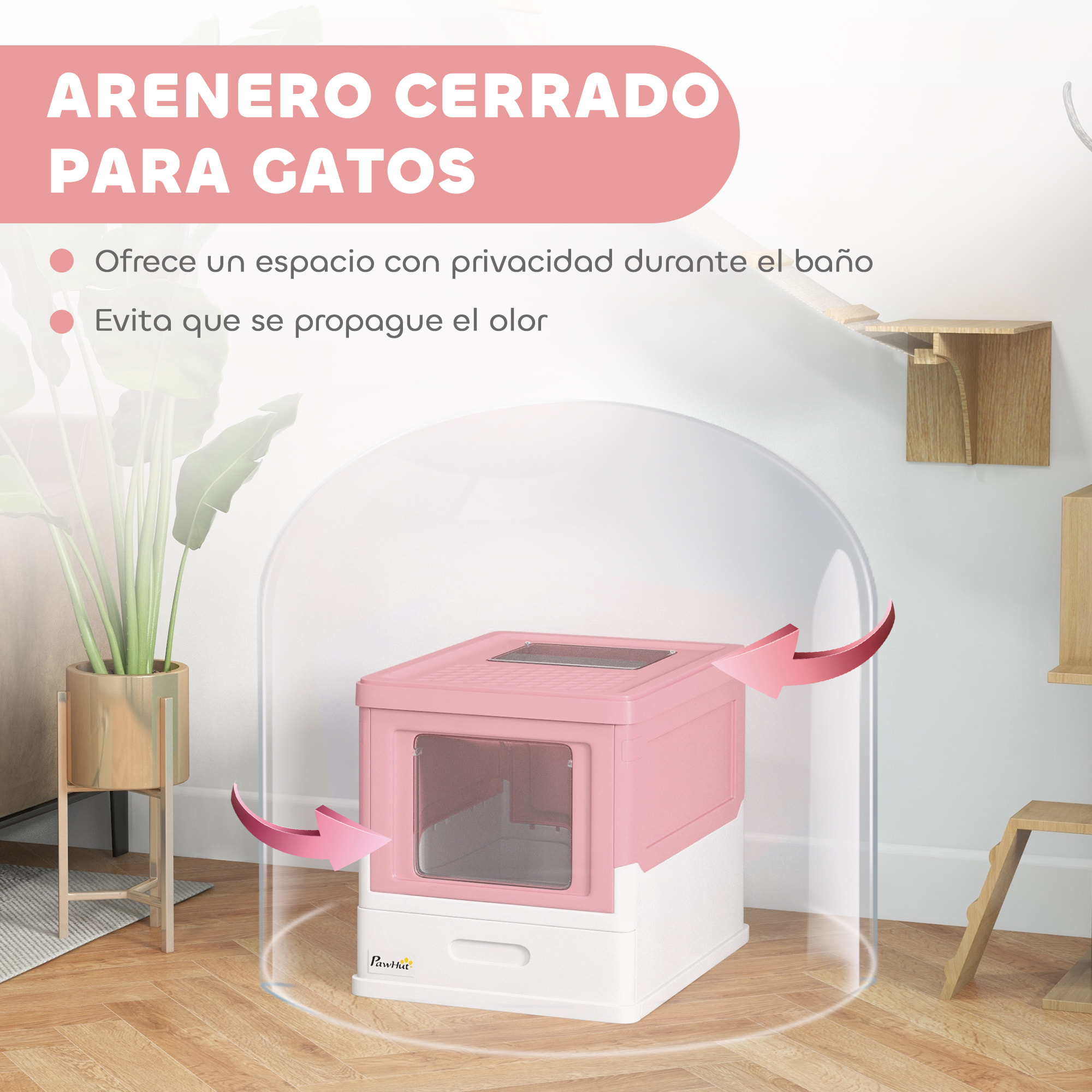 Arenero Cubierto para Gatos Bandeja Higiénica Desmontable con Entrada Frontal y Salida Superior con Pala Incluida para Gatos de hasta 5kg 47,5x35,5x36,7 cm Rosa y Blanco