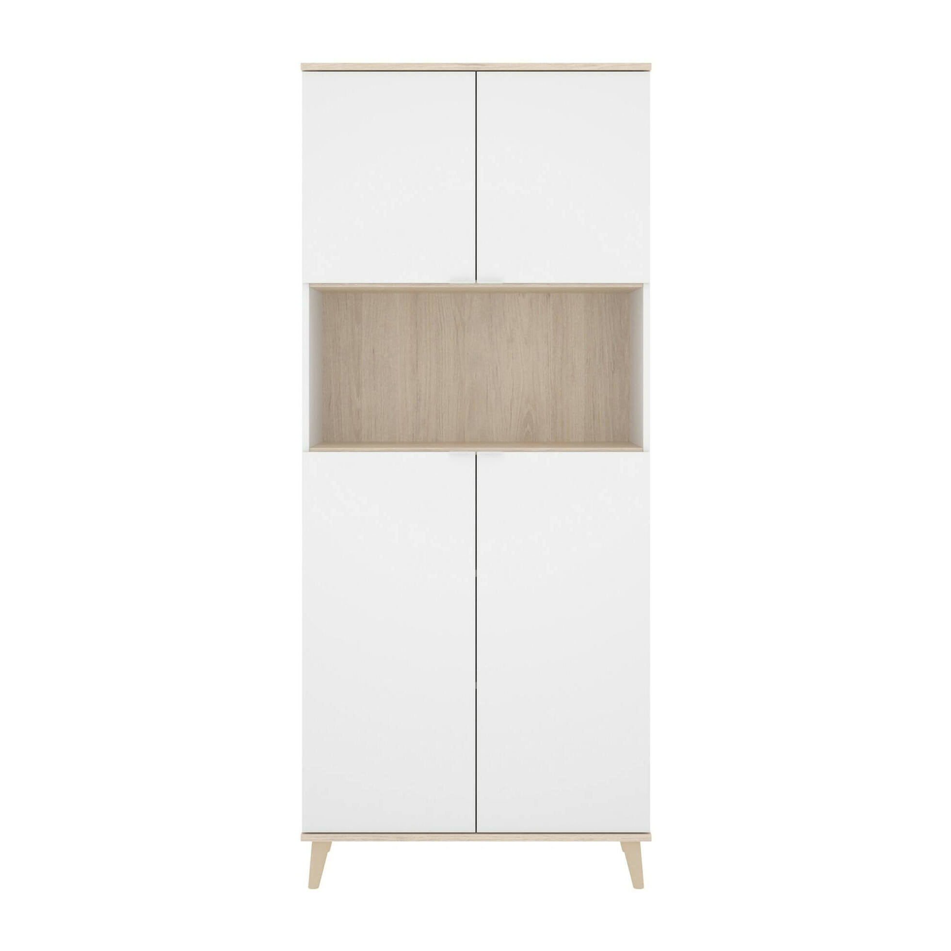 Credenza Spino, Buffet dispensa da soggiorno, Madia da salotto moderna a 4 ante, 80x40h191 cm, Bianco e Rovere