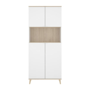 Credenza Spino, Buffet dispensa da soggiorno, Madia da salotto moderna a 4 ante, 80x40h191 cm, Bianco e Rovere