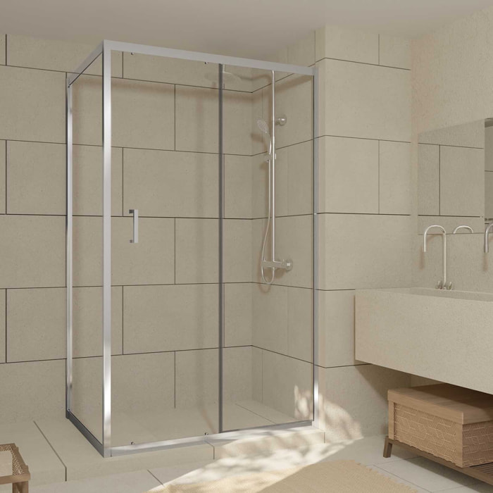 Porte de Douche Coulissante et Retour 120x80x200cm - Profilés Chrome - Verre trempé 6mm