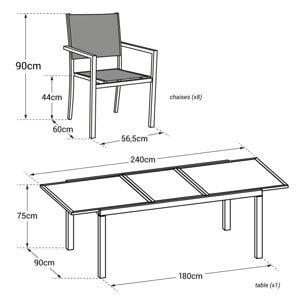 Salon de jardin FIRENZE extensible en textilène gris 8 places - aluminium blanc