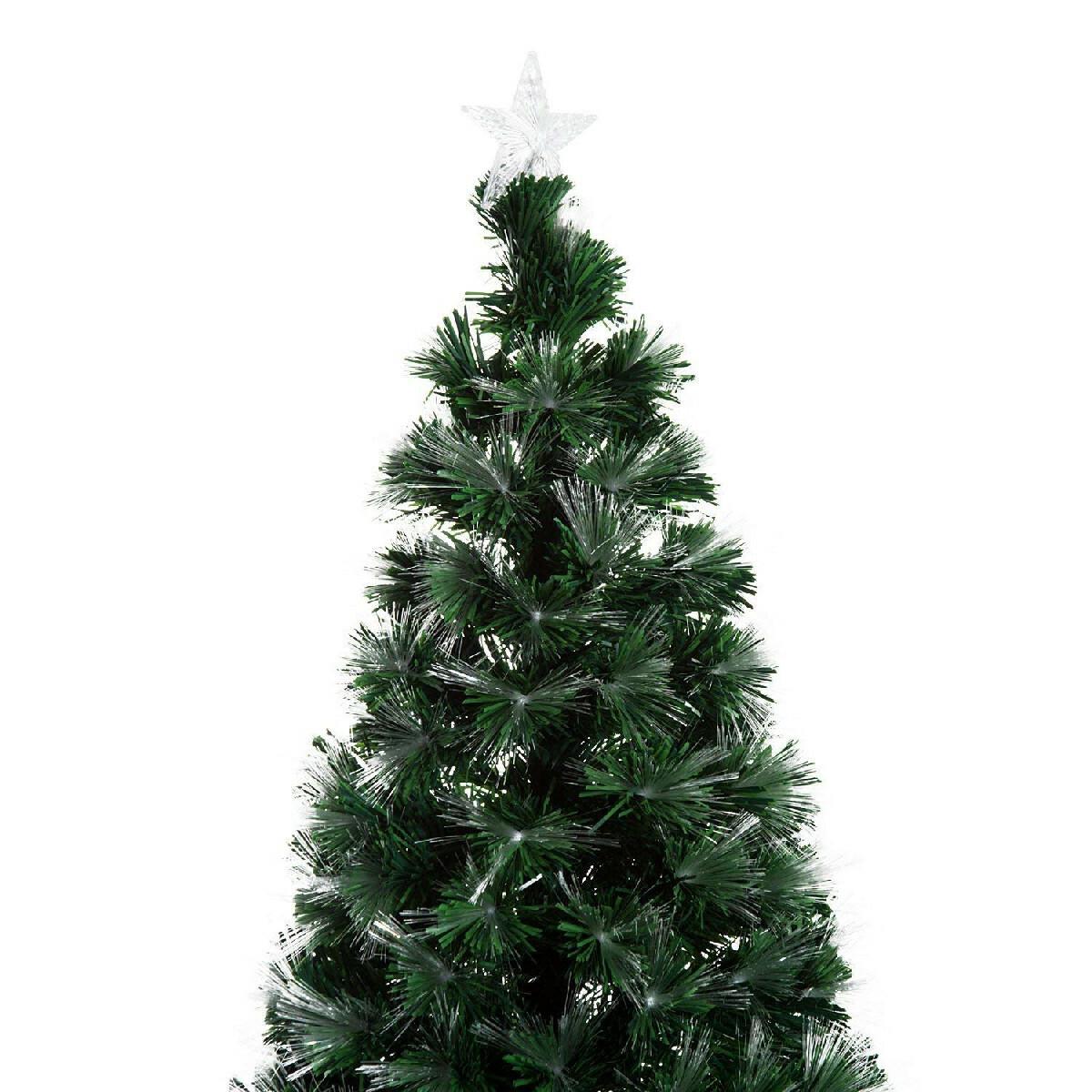 Sapin de Noël artificiel lumineux fibre optique LED multimode multicolore + support pied Ø 84 x 180H cm 230 branches étoile sommet brillante vert