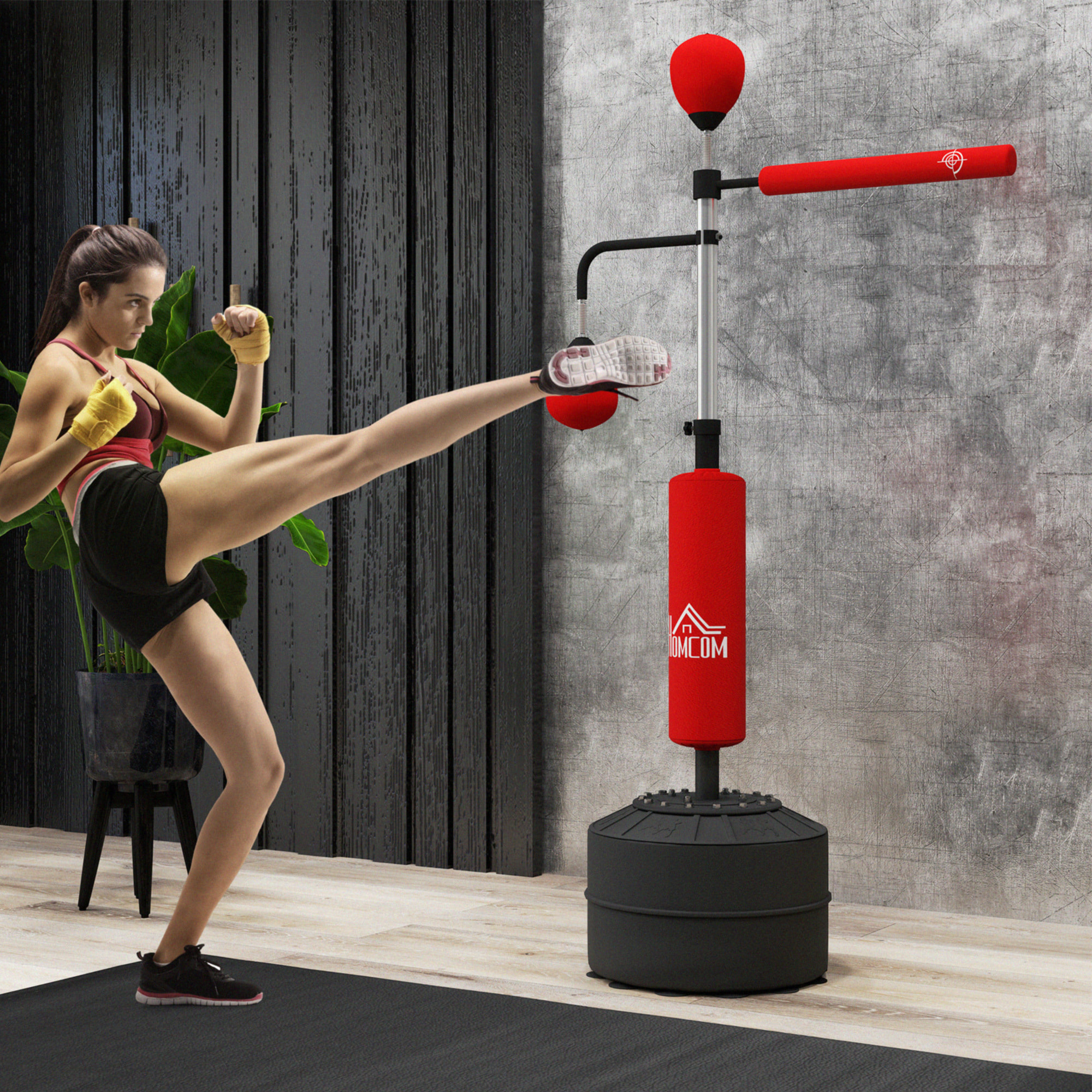 Saco de Boxeo de Pie, 160-230 cm, Saco de Boxeo con Barra Giratoria de 360°, 2 Bolas de Velocidad y Base Rellenable, Punching Ball para Adultos y Niños, Entrenamiento MMA, Muay Thai, Rojo