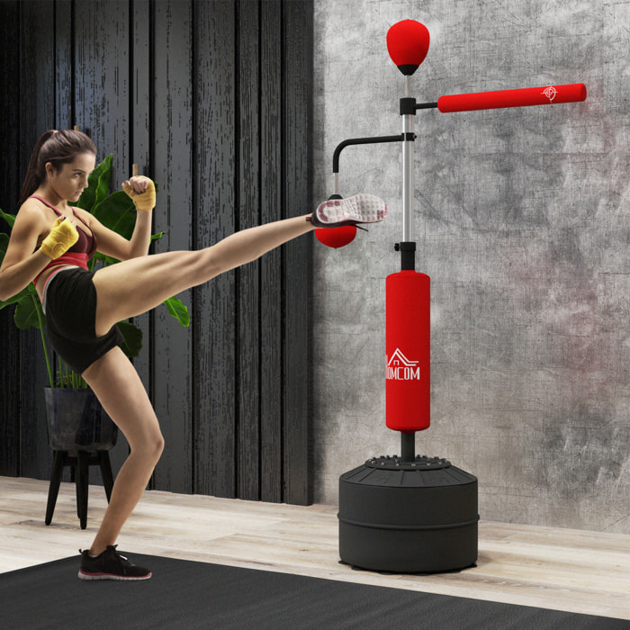 Saco de Boxeo de Pie, 160-230 cm, Saco de Boxeo con Barra Giratoria de 360°, 2 Bolas de Velocidad y Base Rellenable, Punching Ball para Adultos y Niños, Entrenamiento MMA, Muay Thai, Rojo