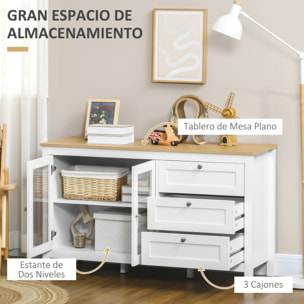 Aparador para Salón Armario Auxiliar con 2 Puertas de Vidrio 3 Cajones y Estante Ajustable para Cocina Comedor Pasillo 120x40x70 cm Blanco