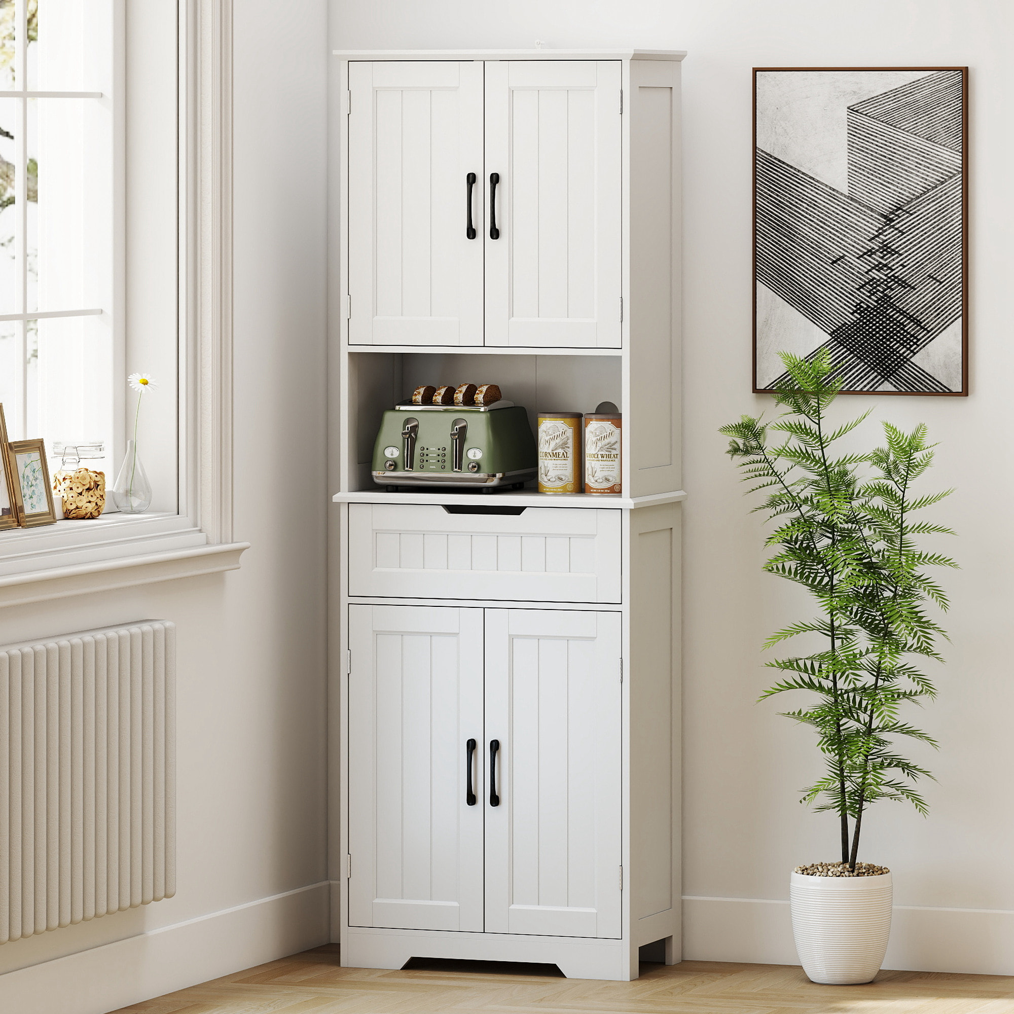 Buffet haut cuisine - 4 portes, 2 étagères, tiroir, grande niche - dim. 60 x 30 x 172 cm - blanc