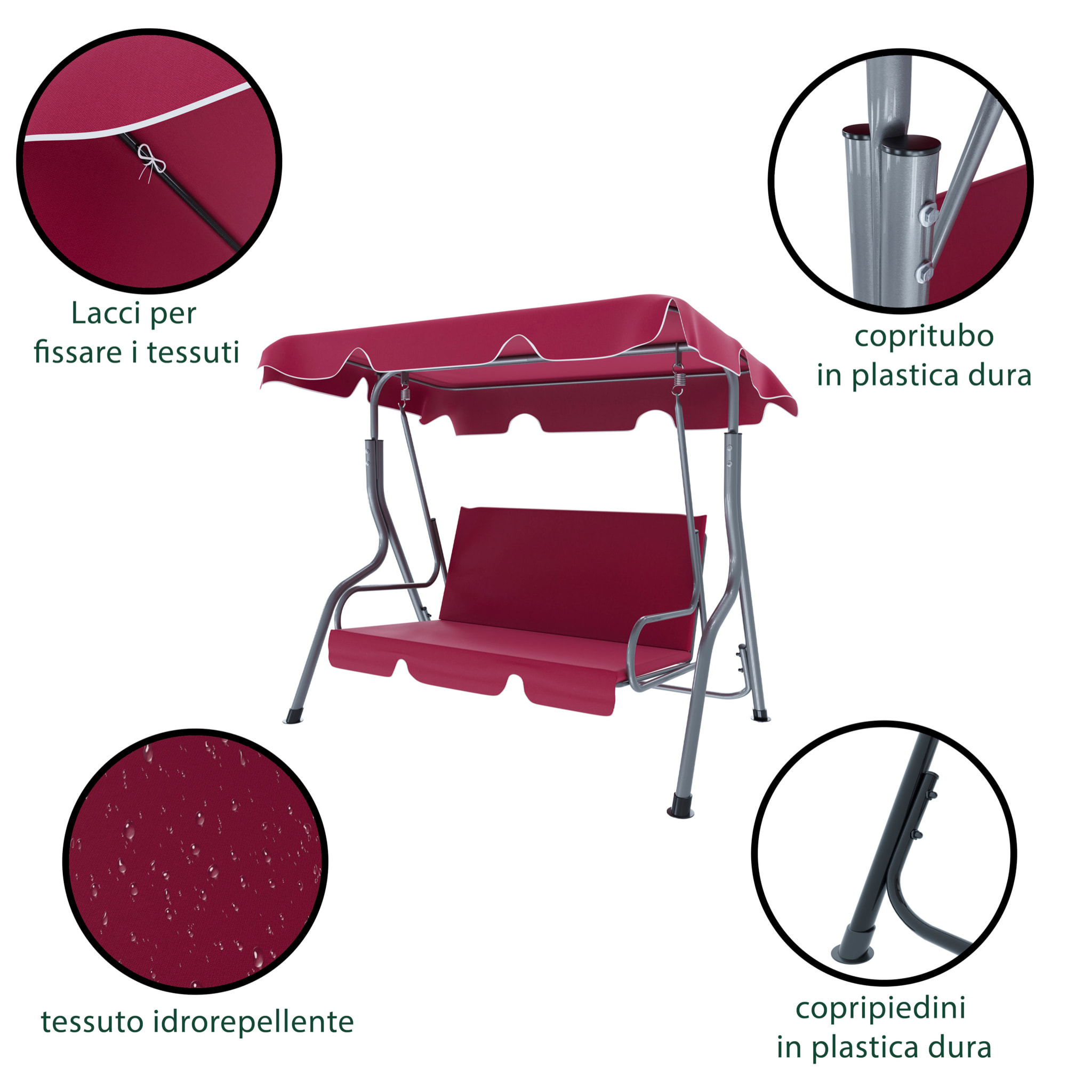 Dondolo 3 Posti Algarve Con Tettuccio Parasole Regolabile Cuscini Imbottiti Struttura Robusta In Acciaio Da Giardino 170 x 110 x 153 cm Bordeaux