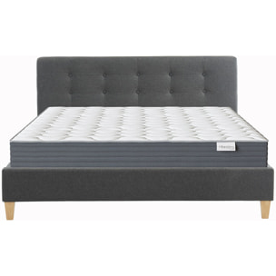 Ensemble lit 140x190cm + matelas Memo HR avec tête de lit capitonnée en tissu gris foncé - sommier à lattes - Milo