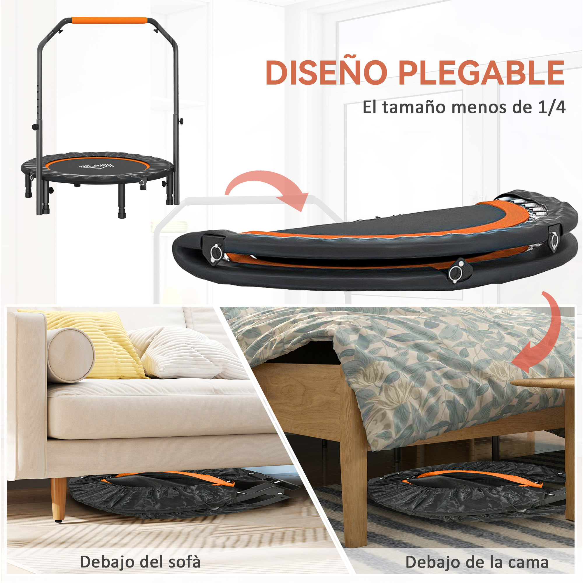 Trampolín de Fitness Adultos Ø102 cm, Cama Elástica Plegable con Mango Ajustable de 4 Niveles, Marco de Acero, para Entrenamiento Piernas, Cuerpo en Hogar, Oficina, Gimnasio, Negro y Naranja
