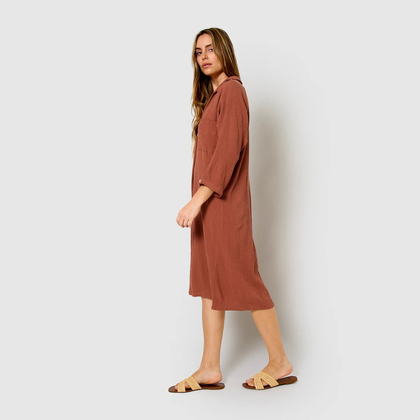 Vestido midi algodón lino rosette