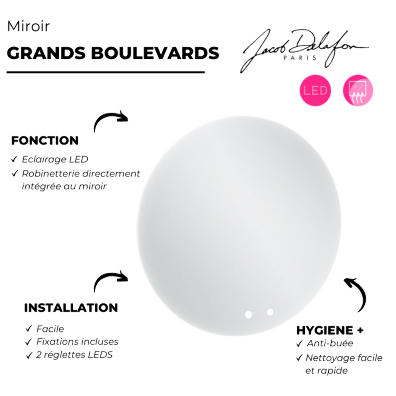 Miroir LED rond 2 trous + mitigeur lavabo encastré Grands Boulevards Chromé + corps encastré