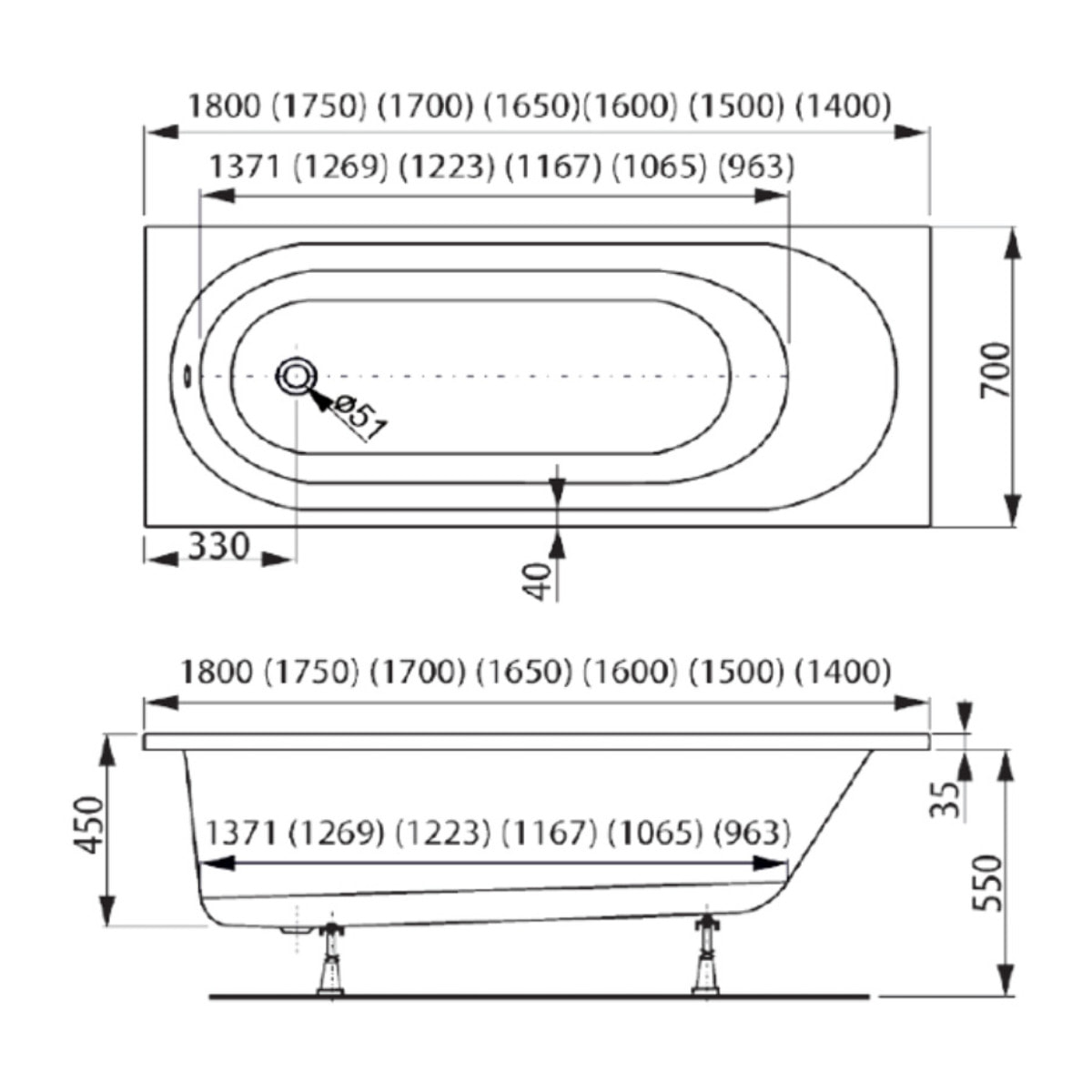 Project 170x70x45 cm baignoire rectangulaire 204 L en acrylique coulé, sans pieds, sans vidage, sans siphon, blanc (SATVAPRO170)