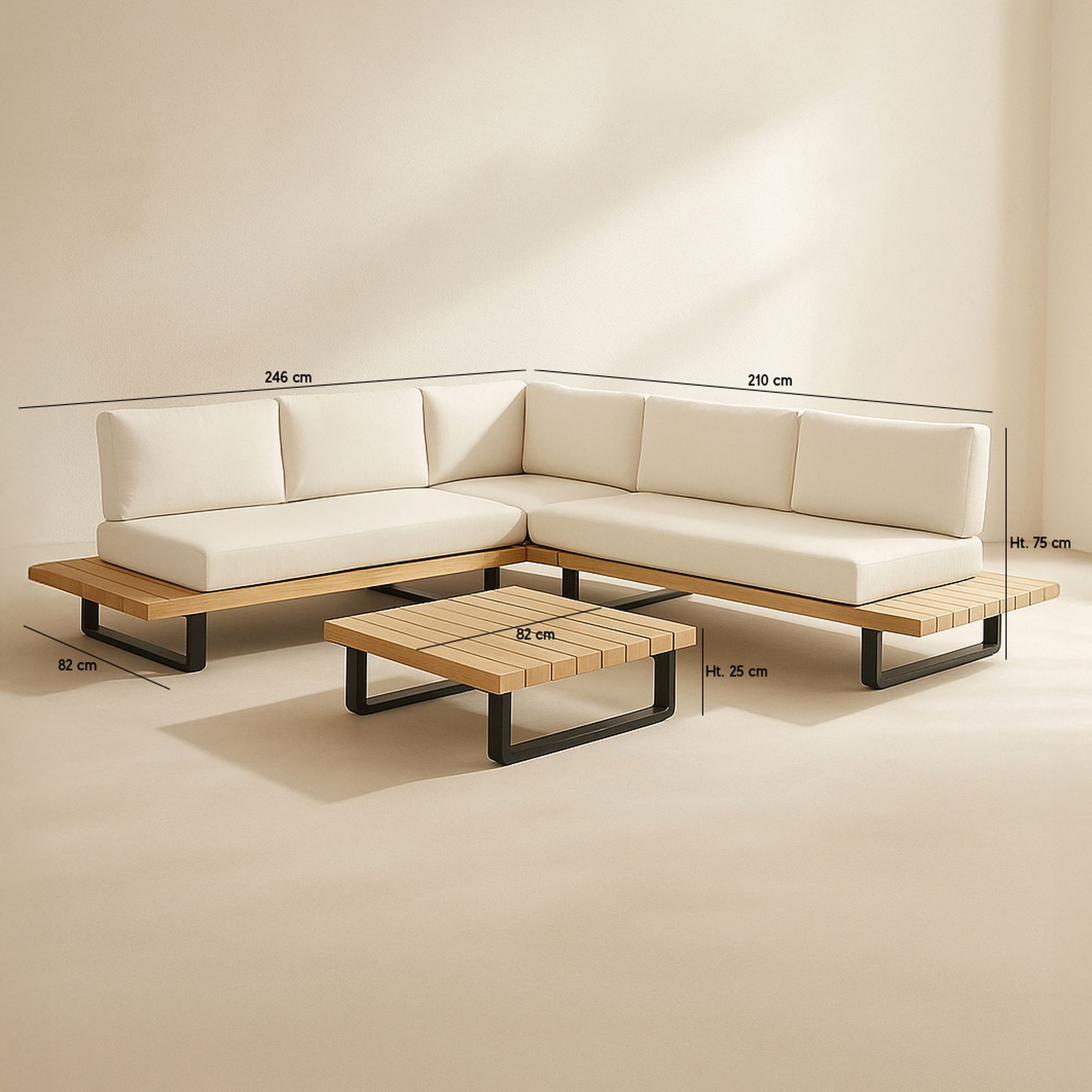 Salon de jardin en bois d'acacia et coussins beige 6 places DOURO