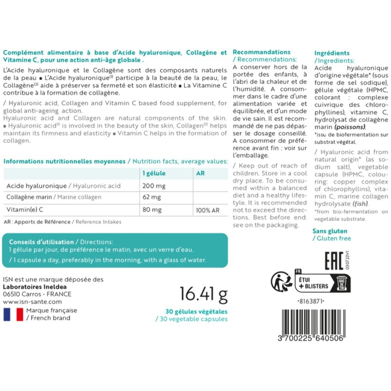 ISN - Hyalurid - Action anti-âge globale - Préserve la beauté et la jeunesse de la peau - Fermeté & élasticité - Effet repulpant - Acide Hyaluronique, Collagène marin, Vitamine C - Cure 30 jours