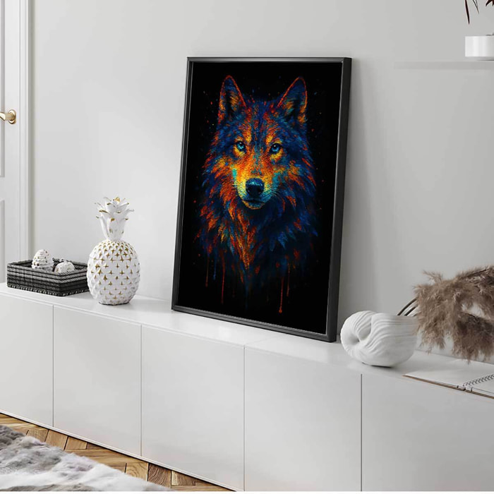 Affiche encadrée loup art multicolore Affiche + cadre en métal - Noir