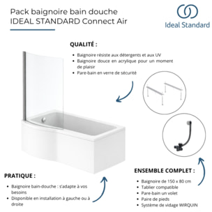 Pack baignoire bain douche 150 x 80 cm droite Connect Air + tablier + pare bain fixe  + pieds + vidage Noir mat