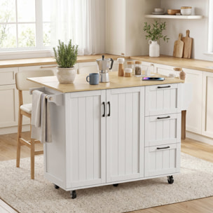 Isla de Cocina con Encimera Extensible y Estación de Carga, Carro de Cocina con Ruedas, 2 Puertas, 3 Cajones, Estantes Ajustables, Especiero y Toallero, Blanco