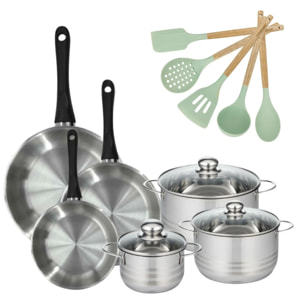 Batterie de cuisine avec 3 faitouts 16/20/24 cm et 3 poêles 20/24/28 cm avec 5 ustensiles de cuisine Fackelmann Généva Brillant Ocean